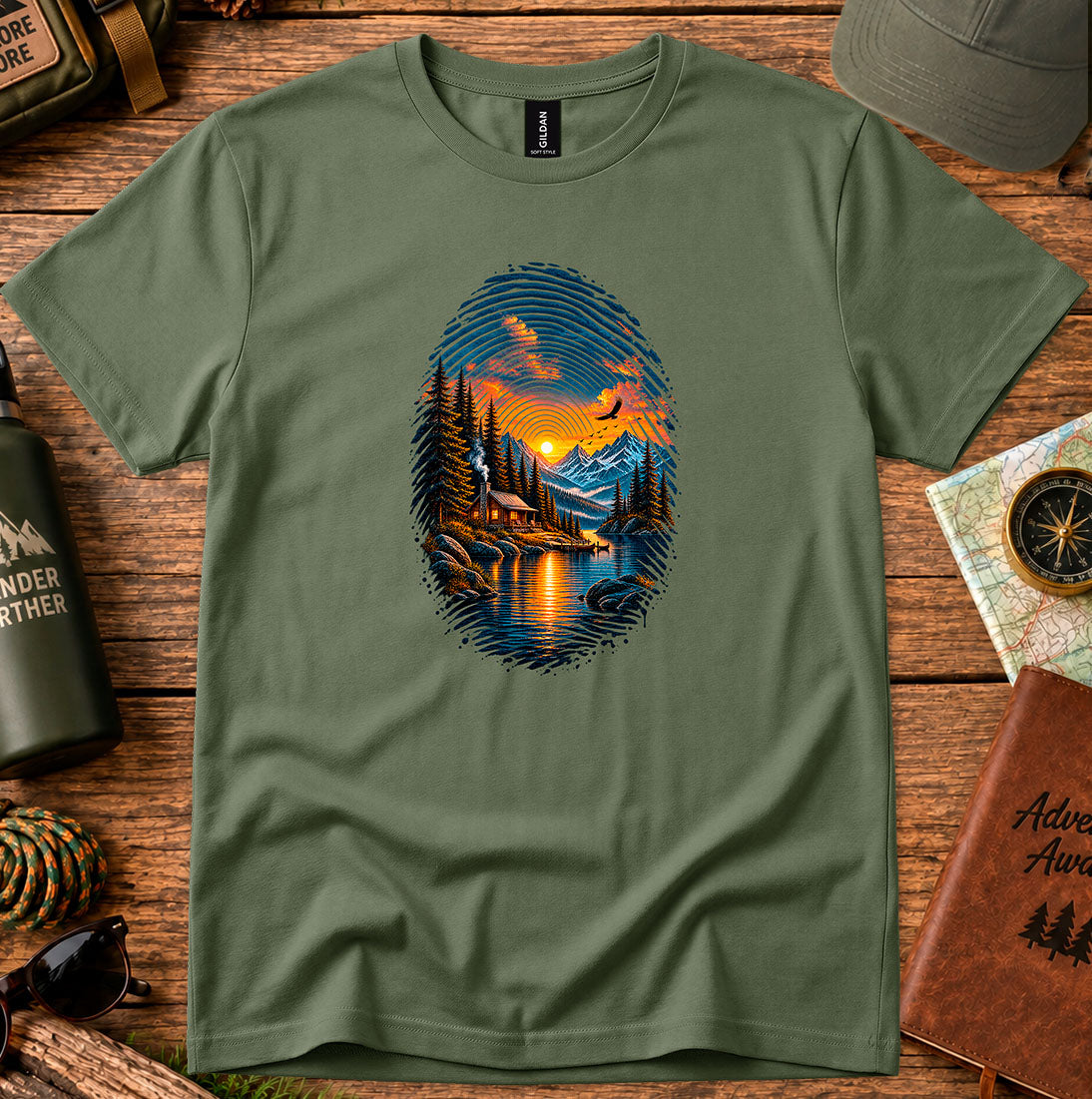 T-shirt featuring a fingerprint-shaped mountain landscape with a cabin and lake