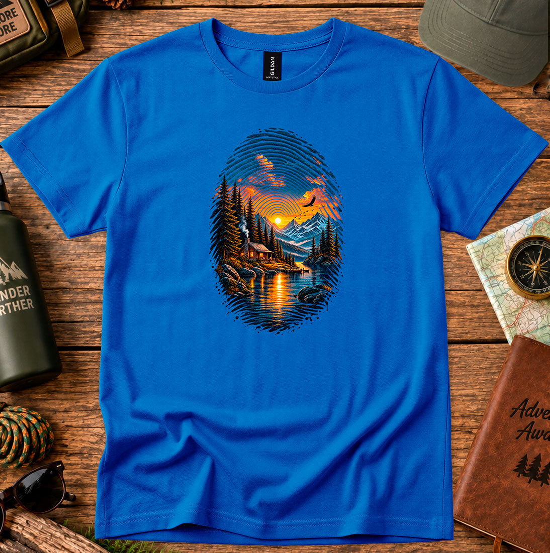 T-shirt featuring a fingerprint-shaped mountain landscape with a cabin and lake