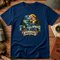 T-shirt featuring mountains, sunset colors and pine silhouettes inside bold lettering