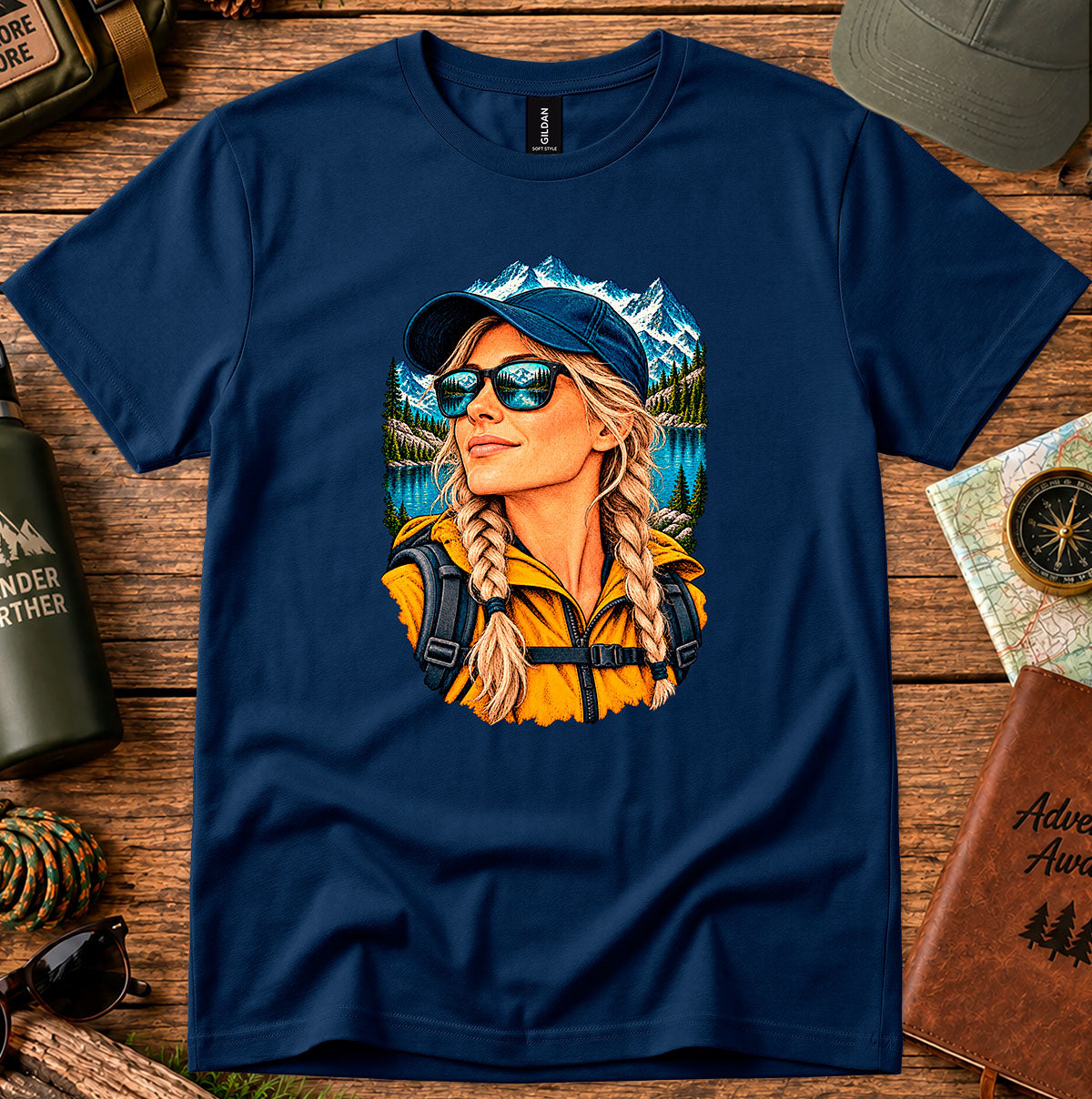 Navy T-shirt featuring a woman wearing a blue cap and sunglasses with mountain and lake scenery