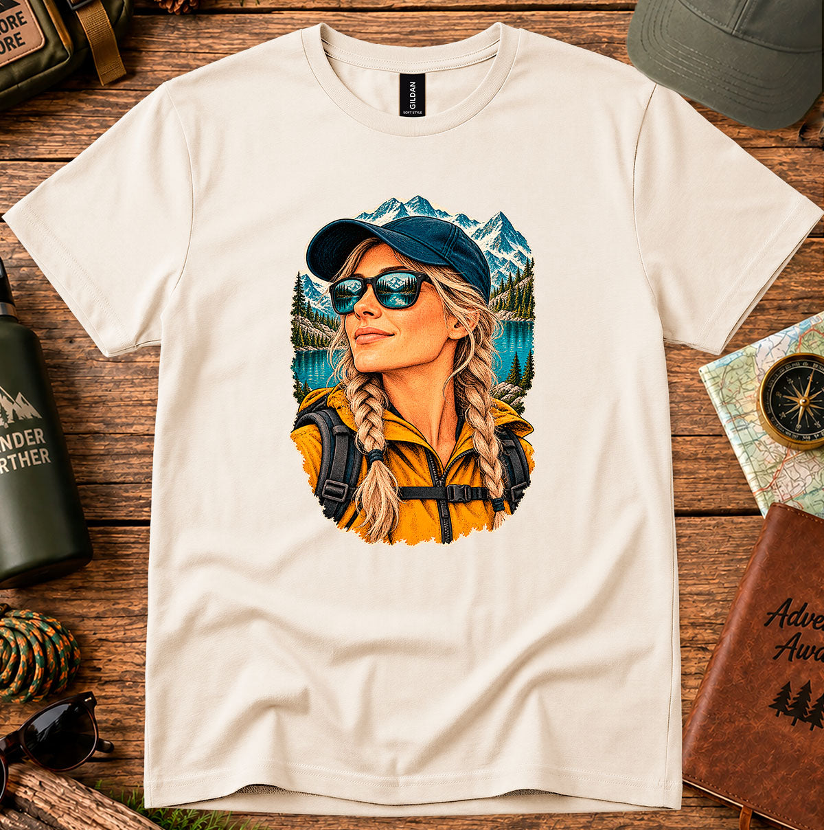 Cream T-shirt featuring a woman wearing a blue cap and sunglasses with mountain and lake scenery