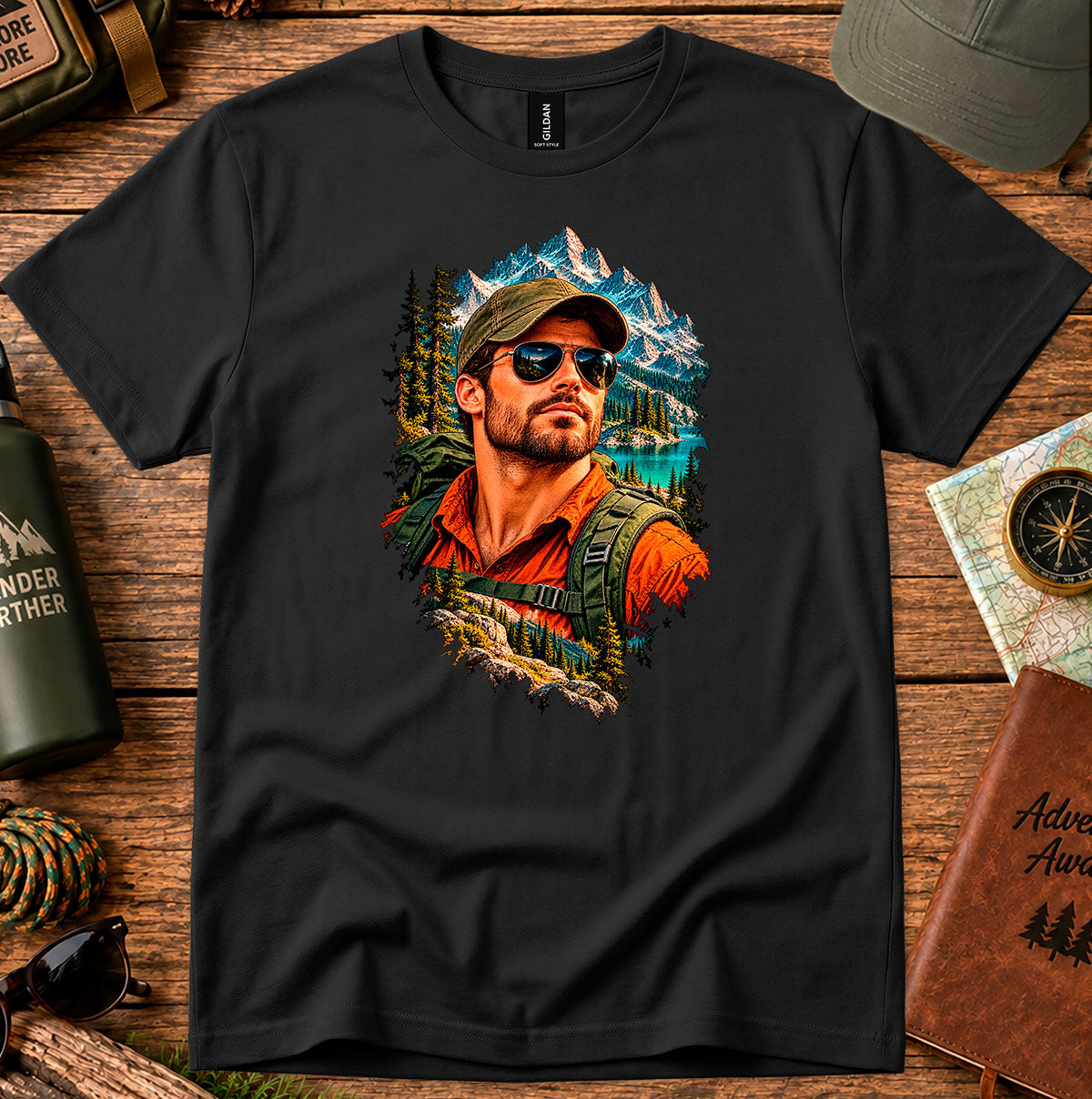 Black T-shirt featuring a bearded man in a cap and sunglasses framed by mountains and pine trees