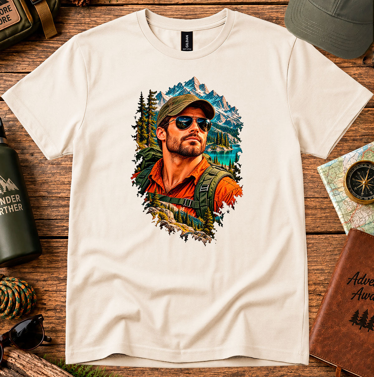 Cream T-shirt featuring a bearded man in a cap and sunglasses framed by mountains and pine trees