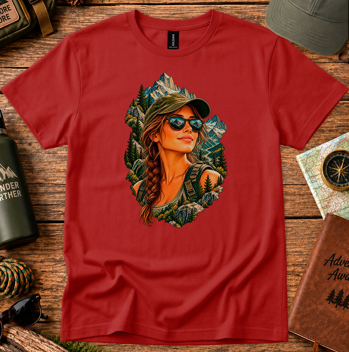Red T-shirt featuring a woman in a cap and sunglasses framed by mountains and evergreen trees