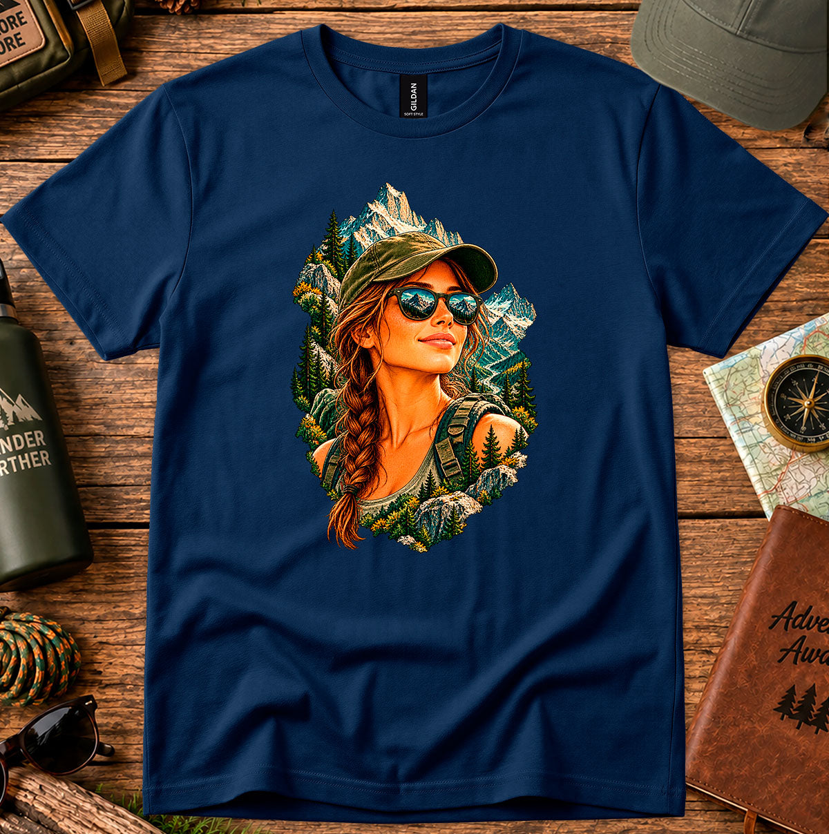 Navy T-shirt featuring a woman in a cap and sunglasses framed by mountains and evergreen trees