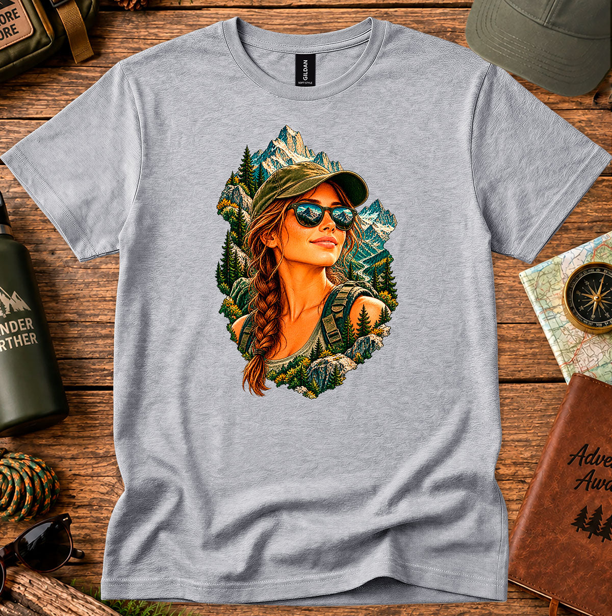 Grey T-shirt featuring a woman in a cap and sunglasses framed by mountains and evergreen trees