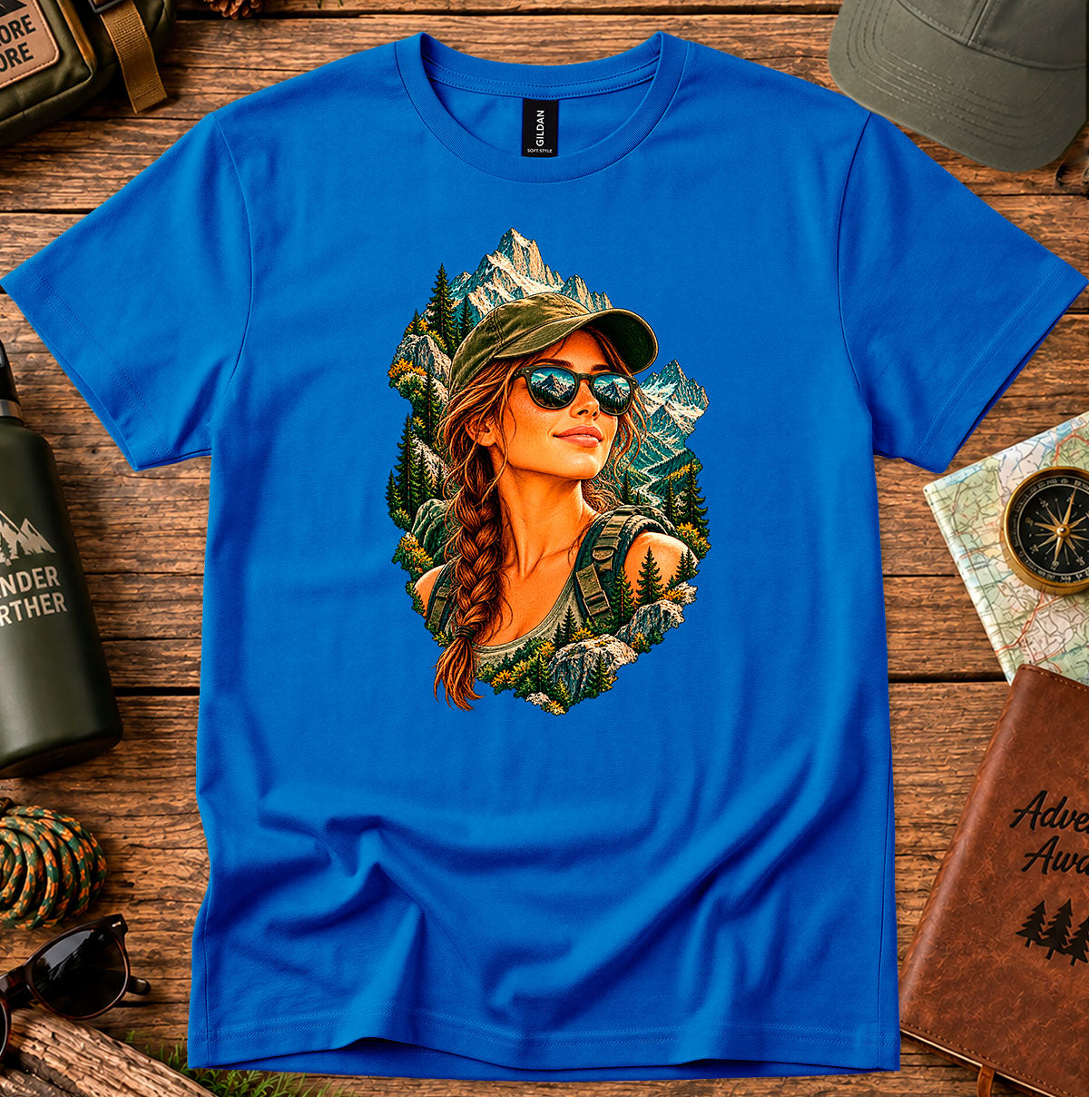 Royal blue T-shirt featuring a woman in a cap and sunglasses framed by mountains and evergreen trees