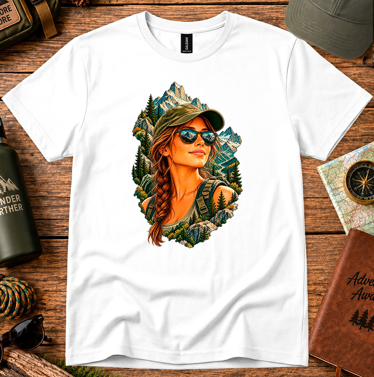 White T-shirt featuring a woman in a cap and sunglasses framed by mountains and evergreen trees