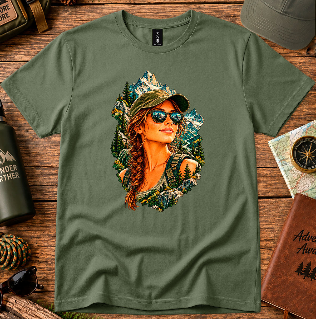 Olive green T-shirt featuring a woman in a cap and sunglasses framed by mountains and evergreen trees