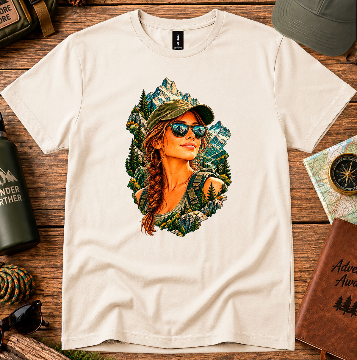 Cream T-shirt featuring a woman in a cap and sunglasses framed by mountains and evergreen trees