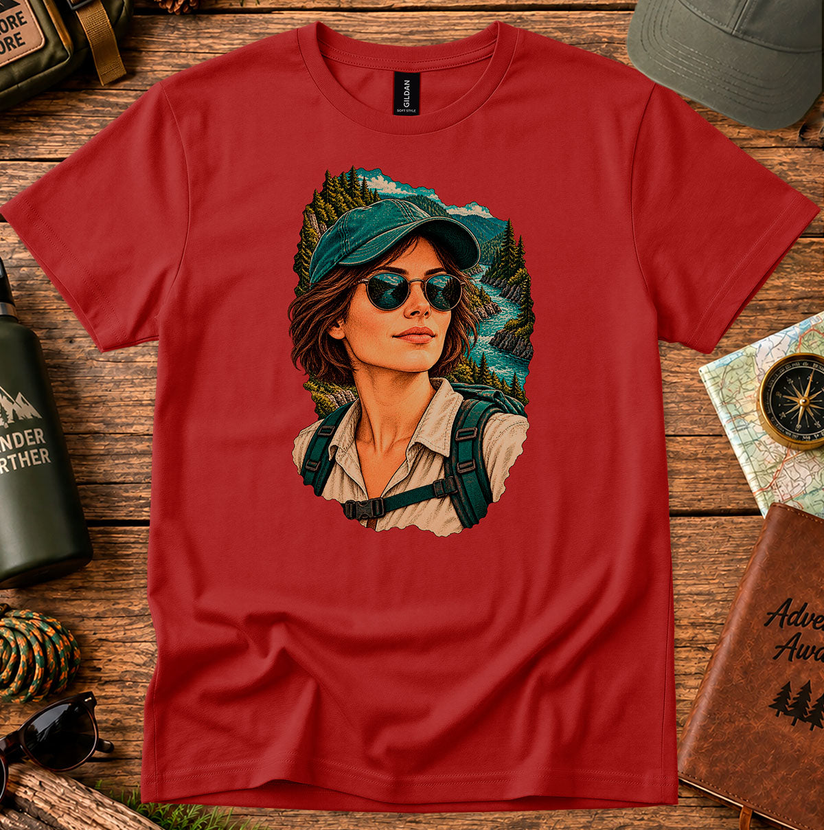Red T-shirt featuring a woman wearing a teal cap and round sunglasses against green foliage