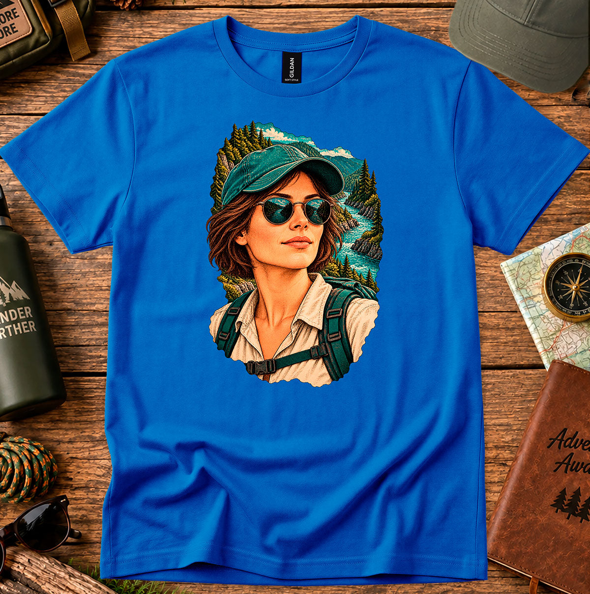 Royal blue T-shirt featuring a woman wearing a teal cap and round sunglasses against green foliage
