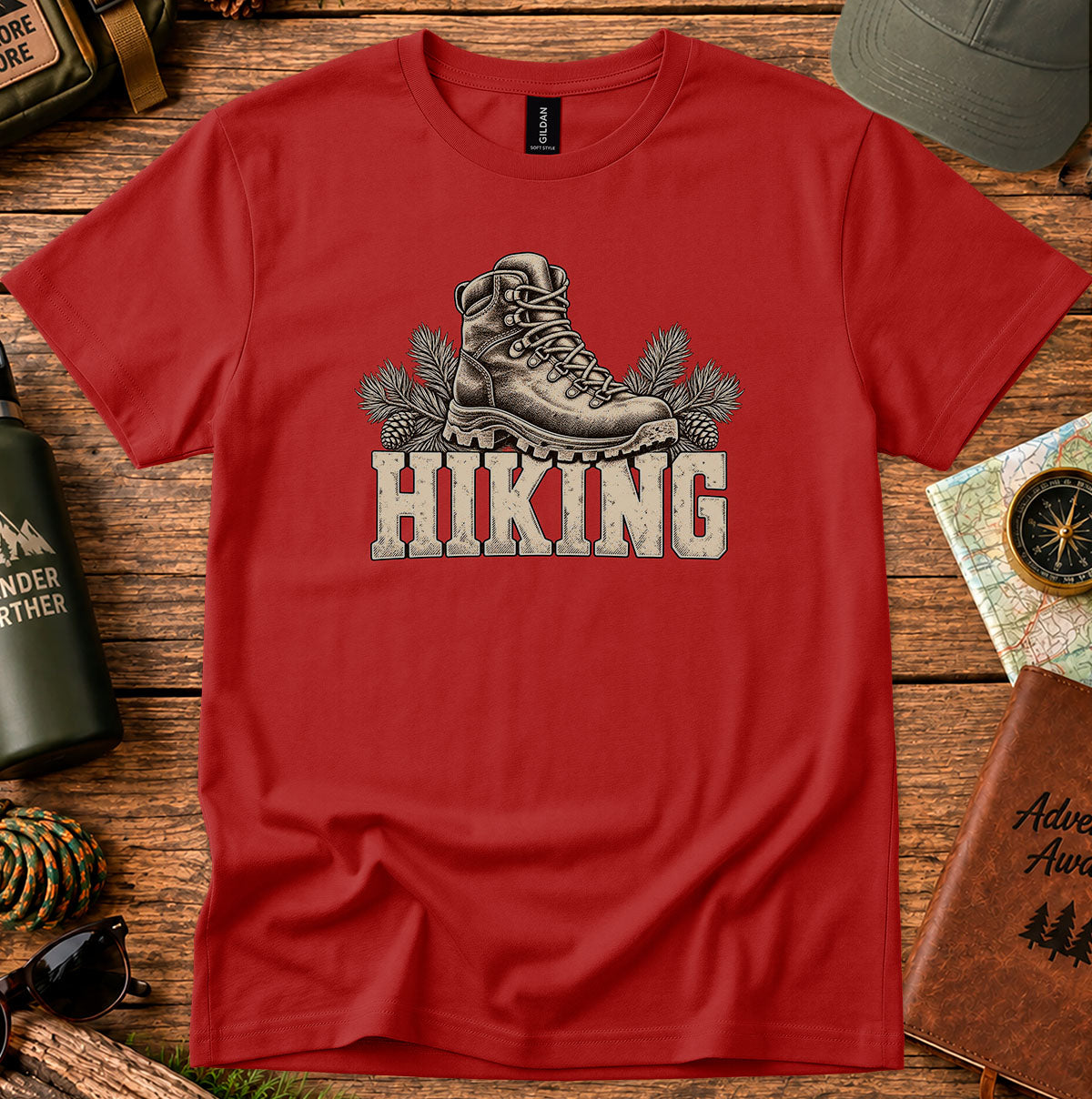 Red T-shirt featuring a vintage hiking boot above HIKING lettering
