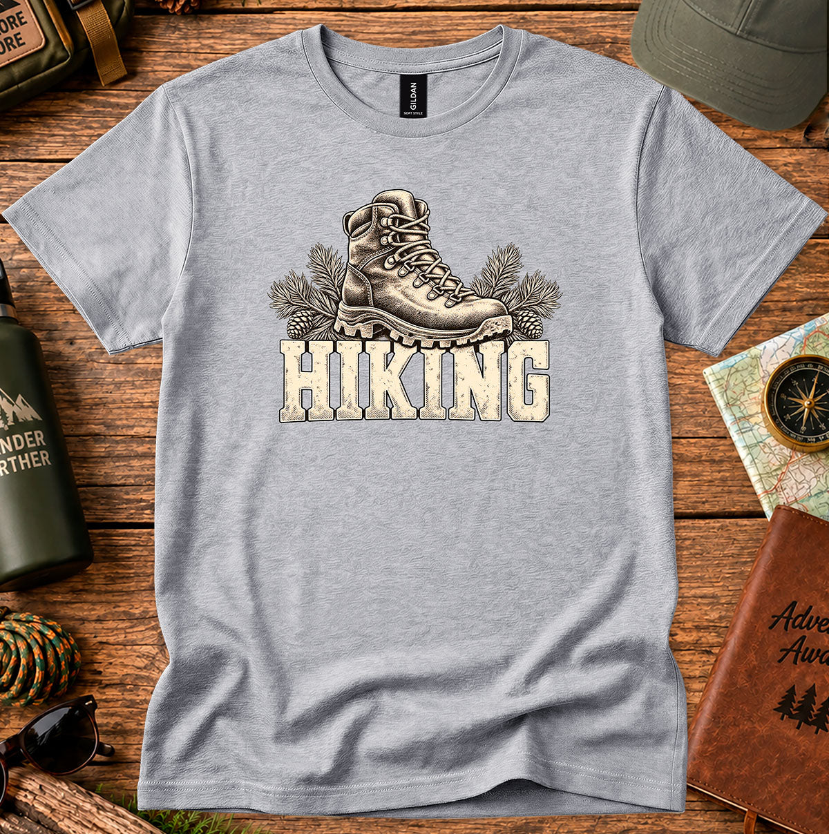 Grey T-shirt featuring a vintage hiking boot above HIKING lettering