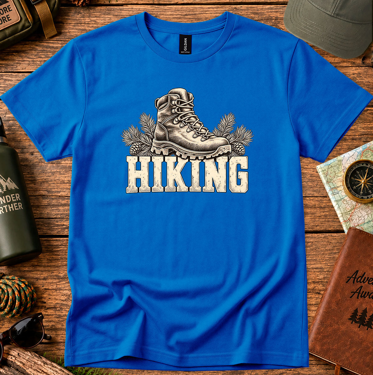 Royal blue T-shirt featuring a vintage hiking boot above HIKING lettering