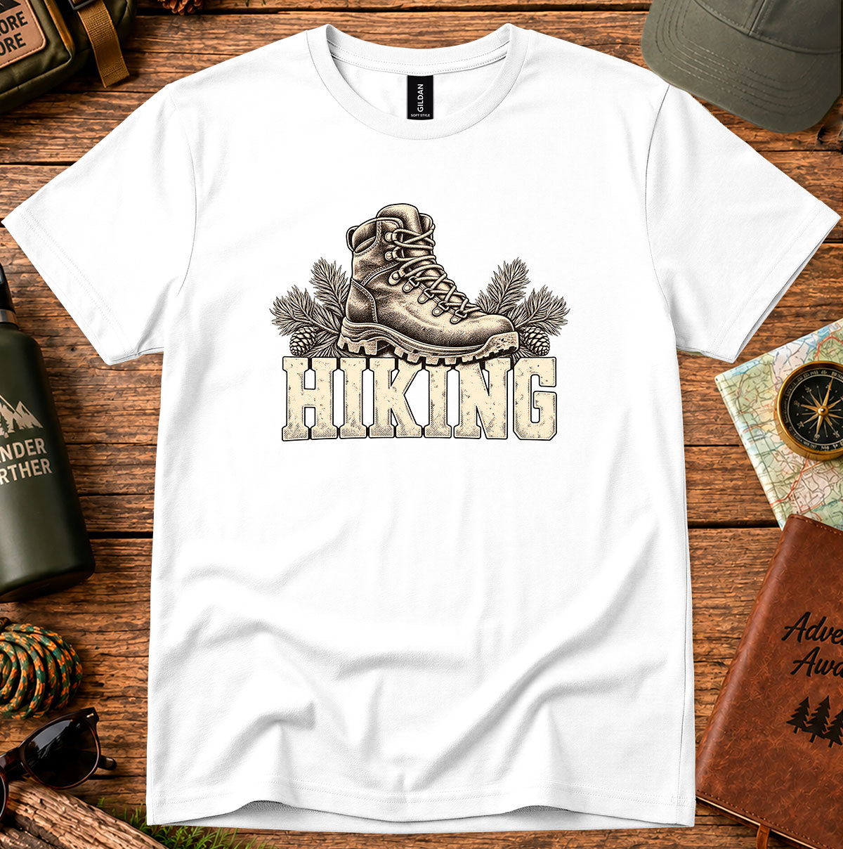 White T-shirt featuring a vintage hiking boot above HIKING lettering