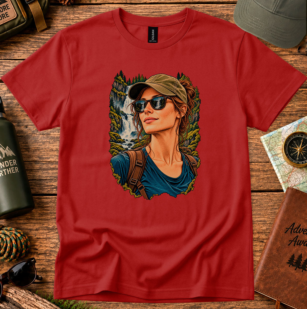 Red T-shirt featuring a woman in a cap and sunglasses beside a waterfall and trees