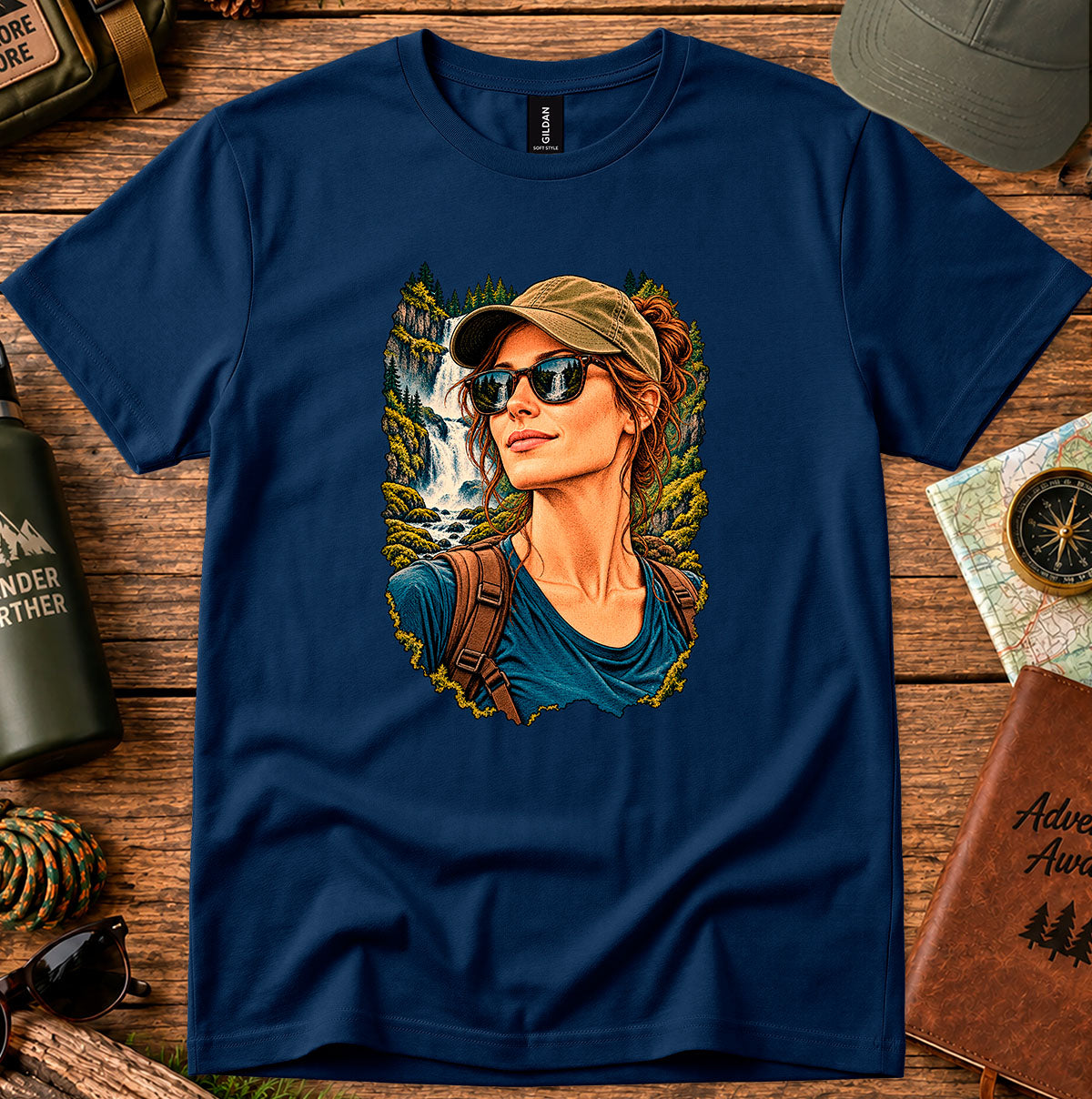 Navy T-shirt featuring a woman in a cap and sunglasses beside a waterfall and trees