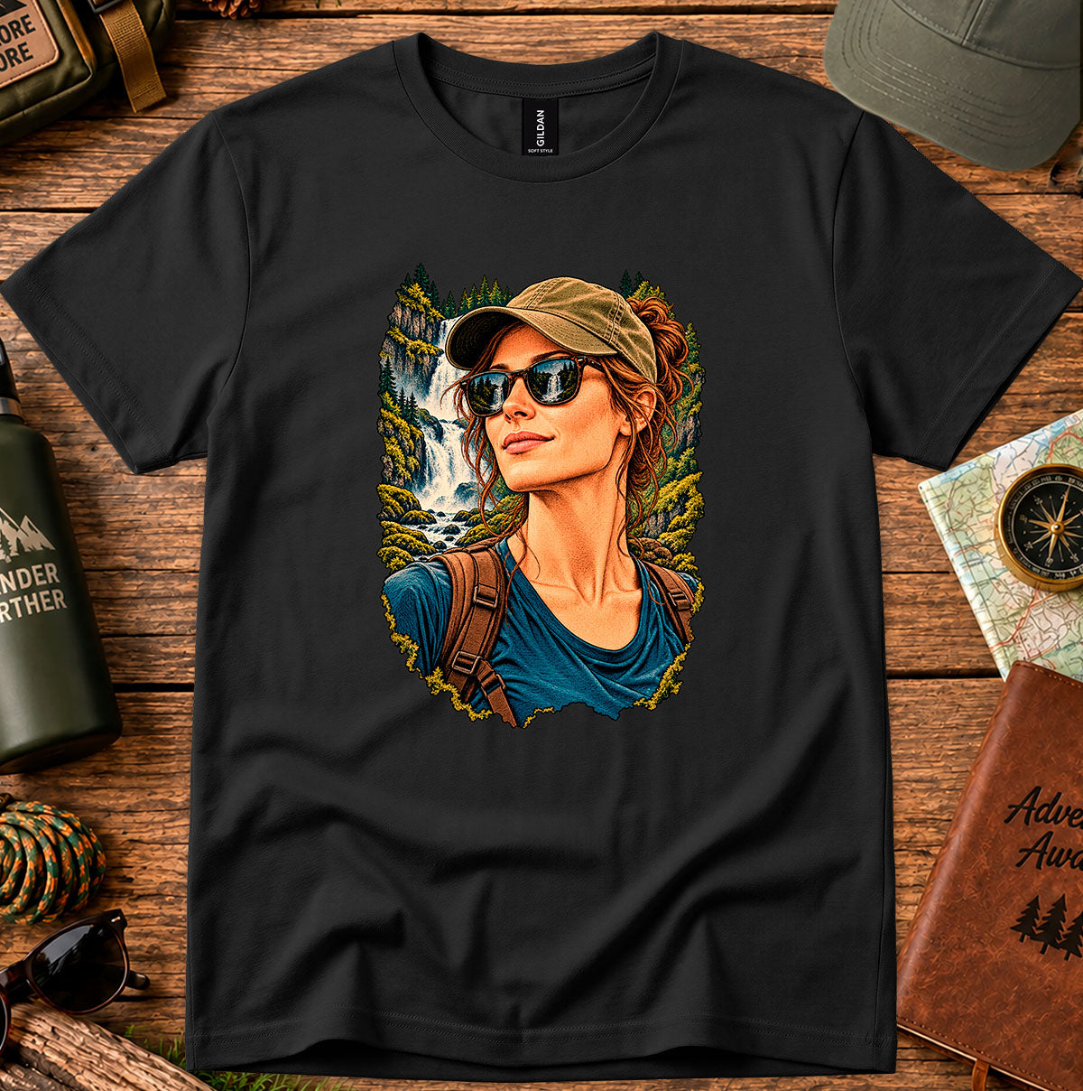 Black T-shirt featuring a woman in a cap and sunglasses beside a waterfall and trees
