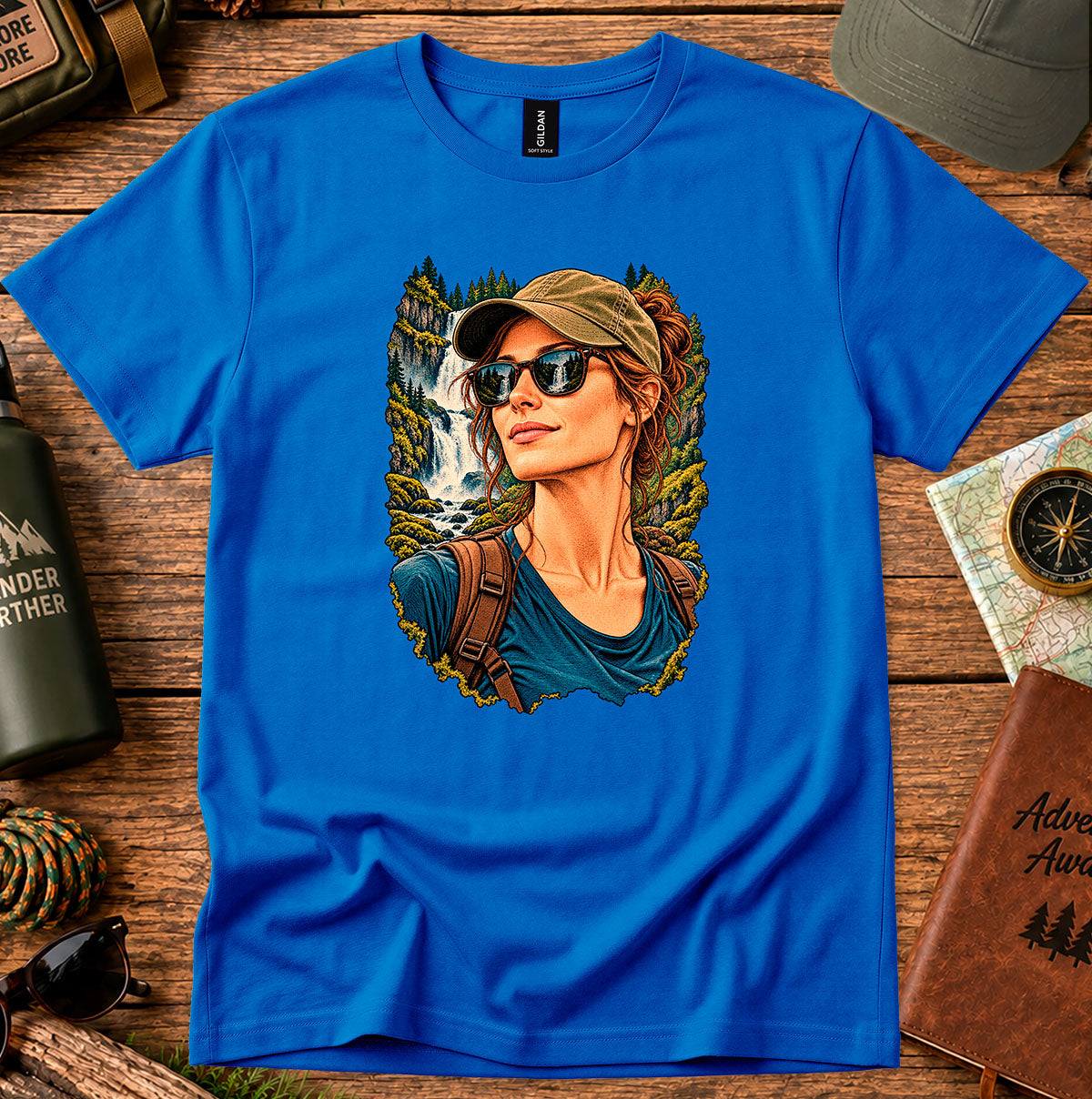 Royal blue T-shirt featuring a woman in a cap and sunglasses beside a waterfall and trees
