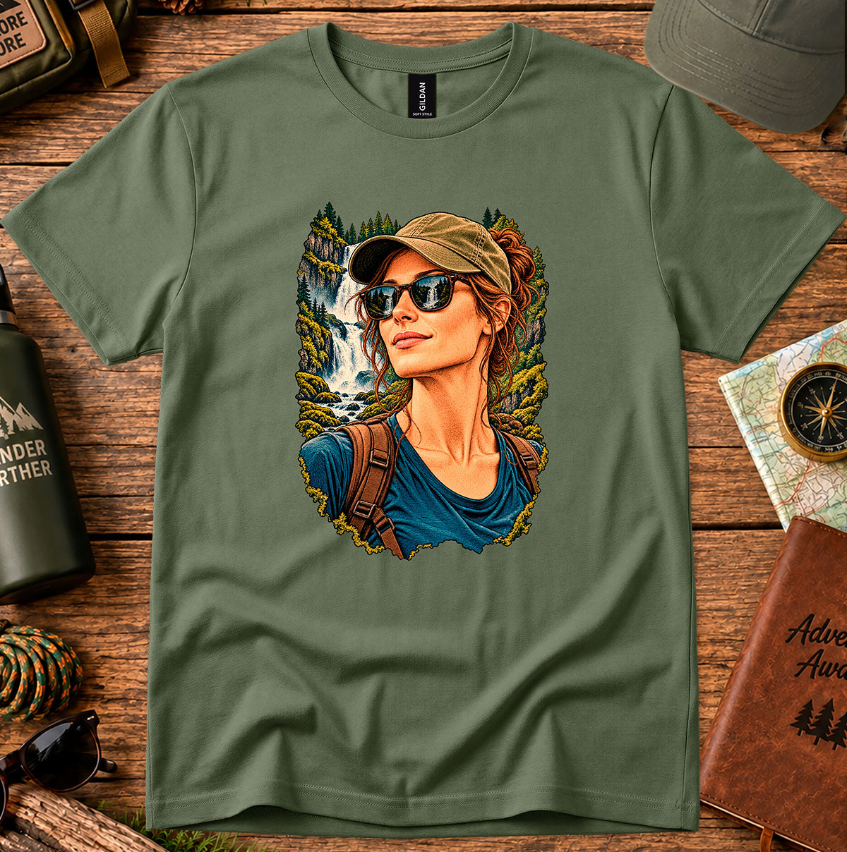 Olive green T-shirt featuring a woman in a cap and sunglasses beside a waterfall and trees