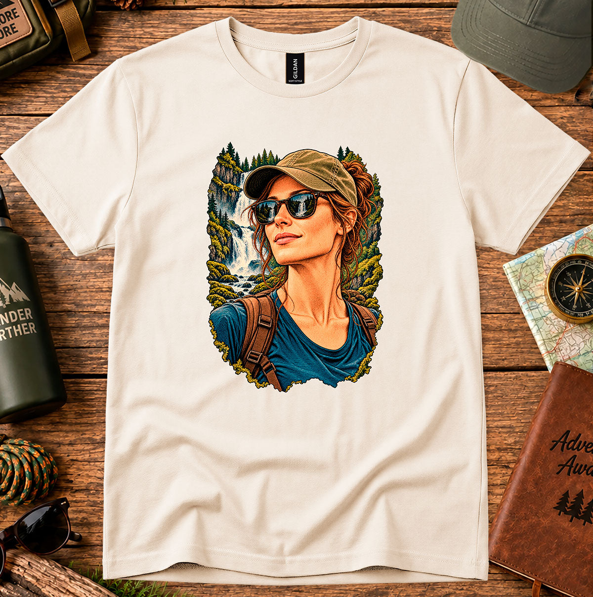 Cream T-shirt featuring a woman in a cap and sunglasses beside a waterfall and trees