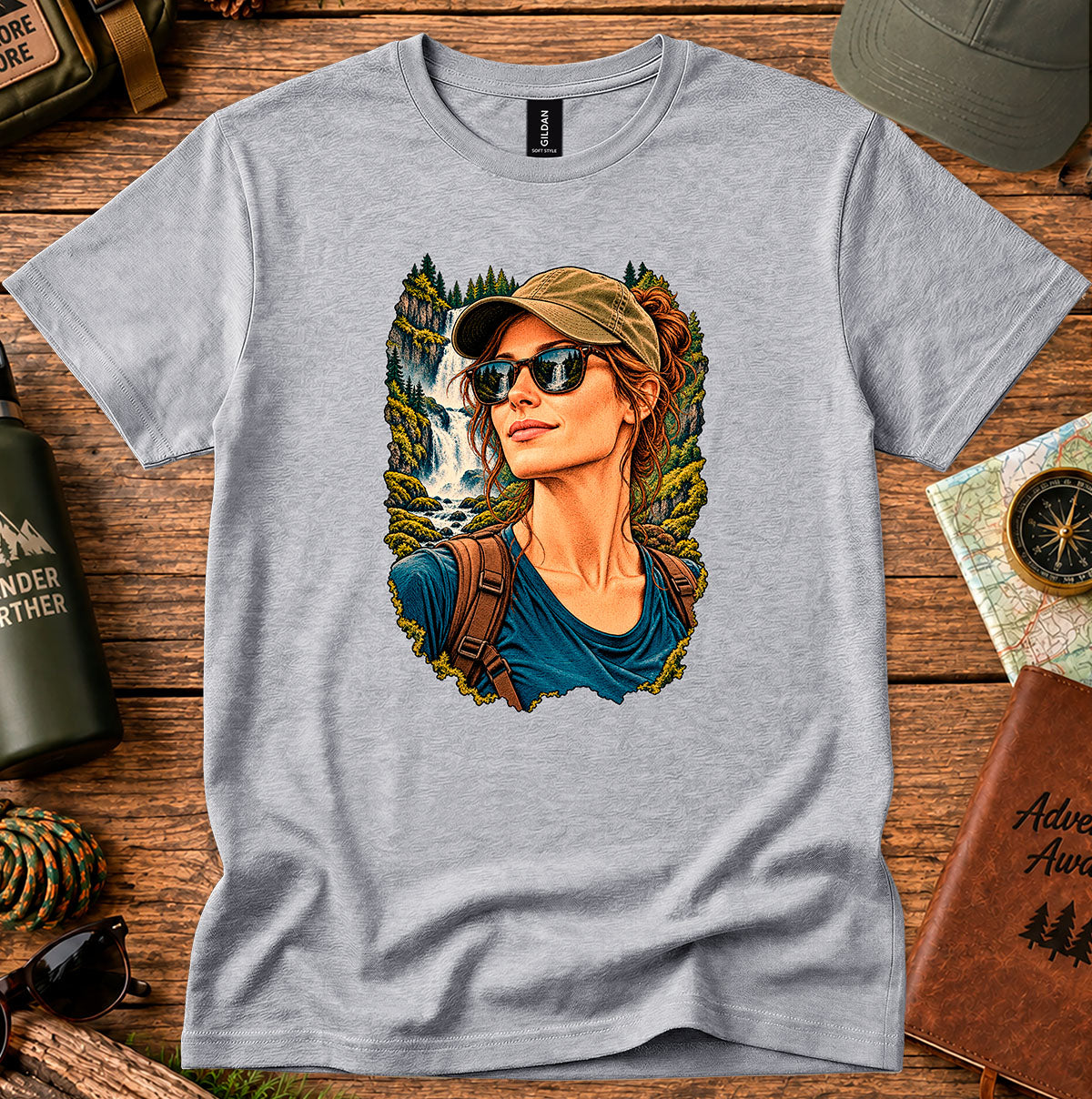 Grey T-shirt featuring a woman in a cap and sunglasses beside a waterfall and trees