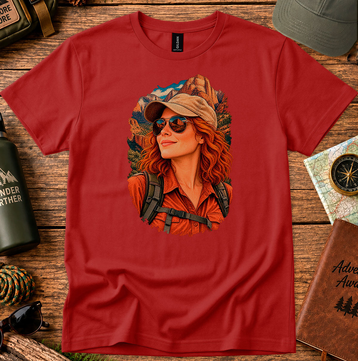 Red T-shirt featuring a retro portrait of a woman wearing a cap, sunglasses and a red shirt