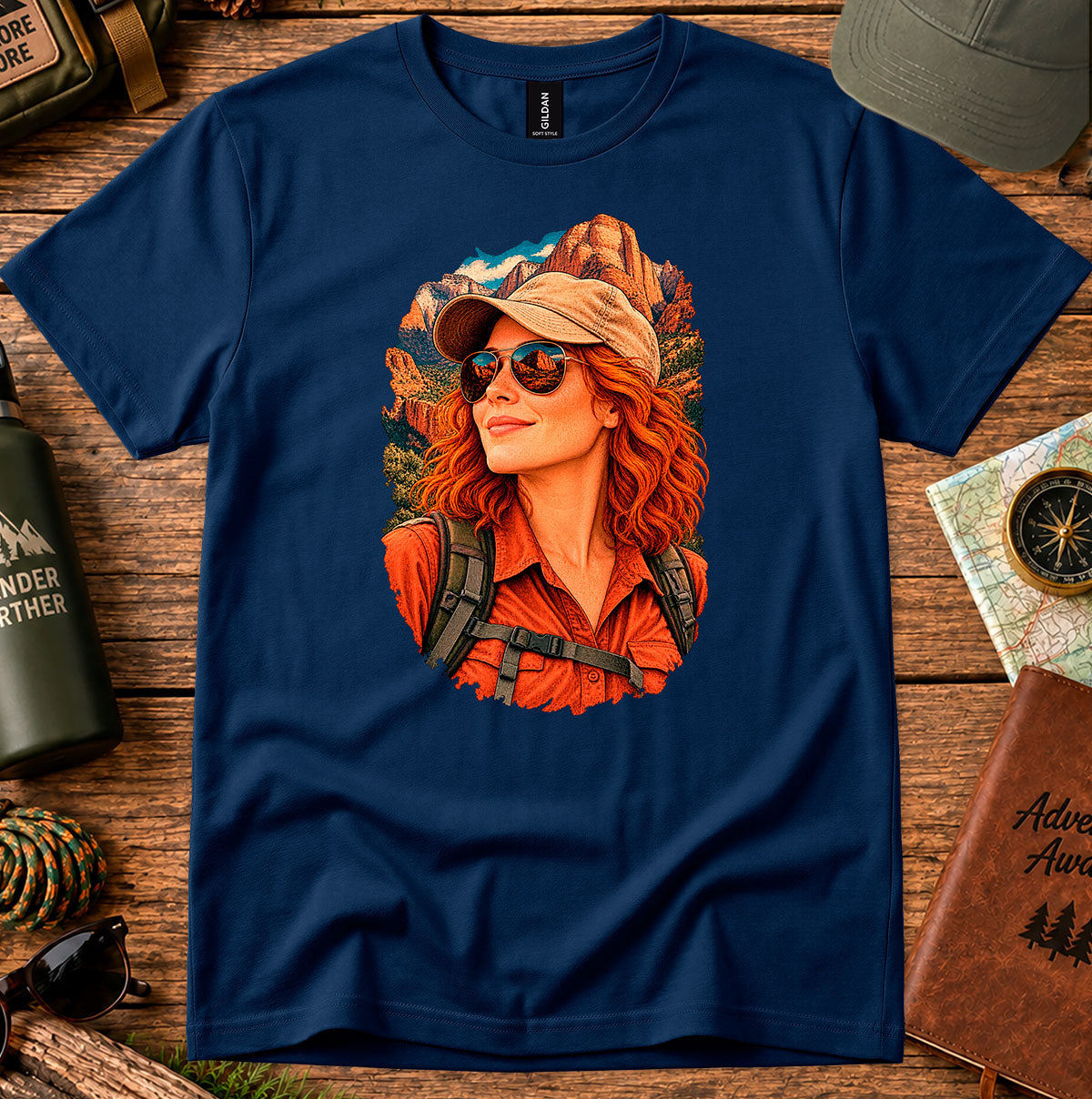 Navy T-shirt featuring a retro portrait of a woman wearing a cap, sunglasses and a red shirt