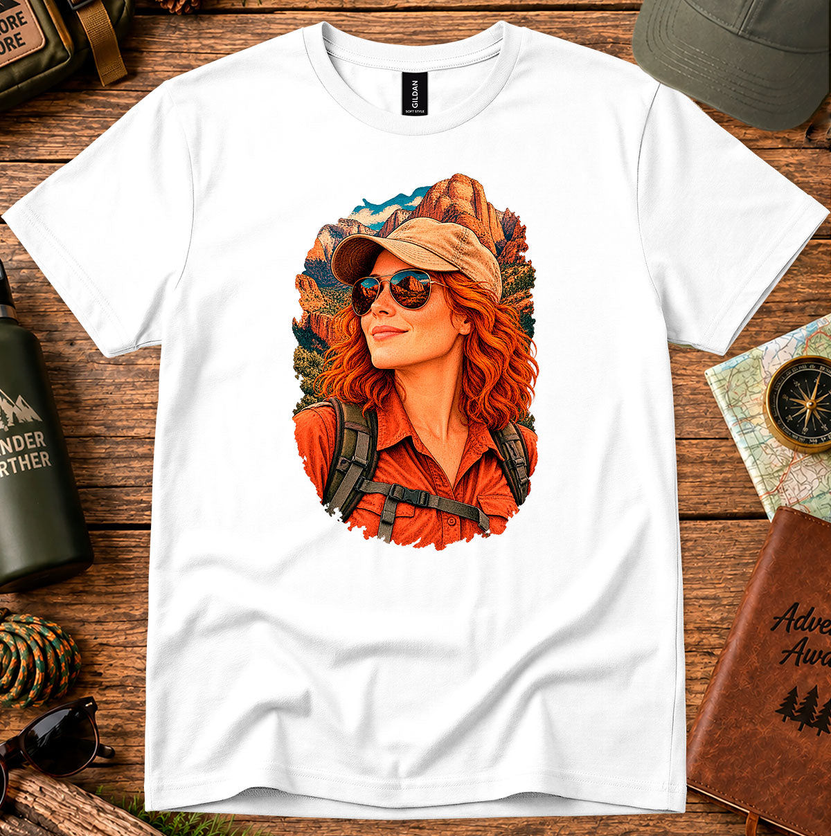 White T-shirt featuring a retro portrait of a woman wearing a cap, sunglasses and a red shirt