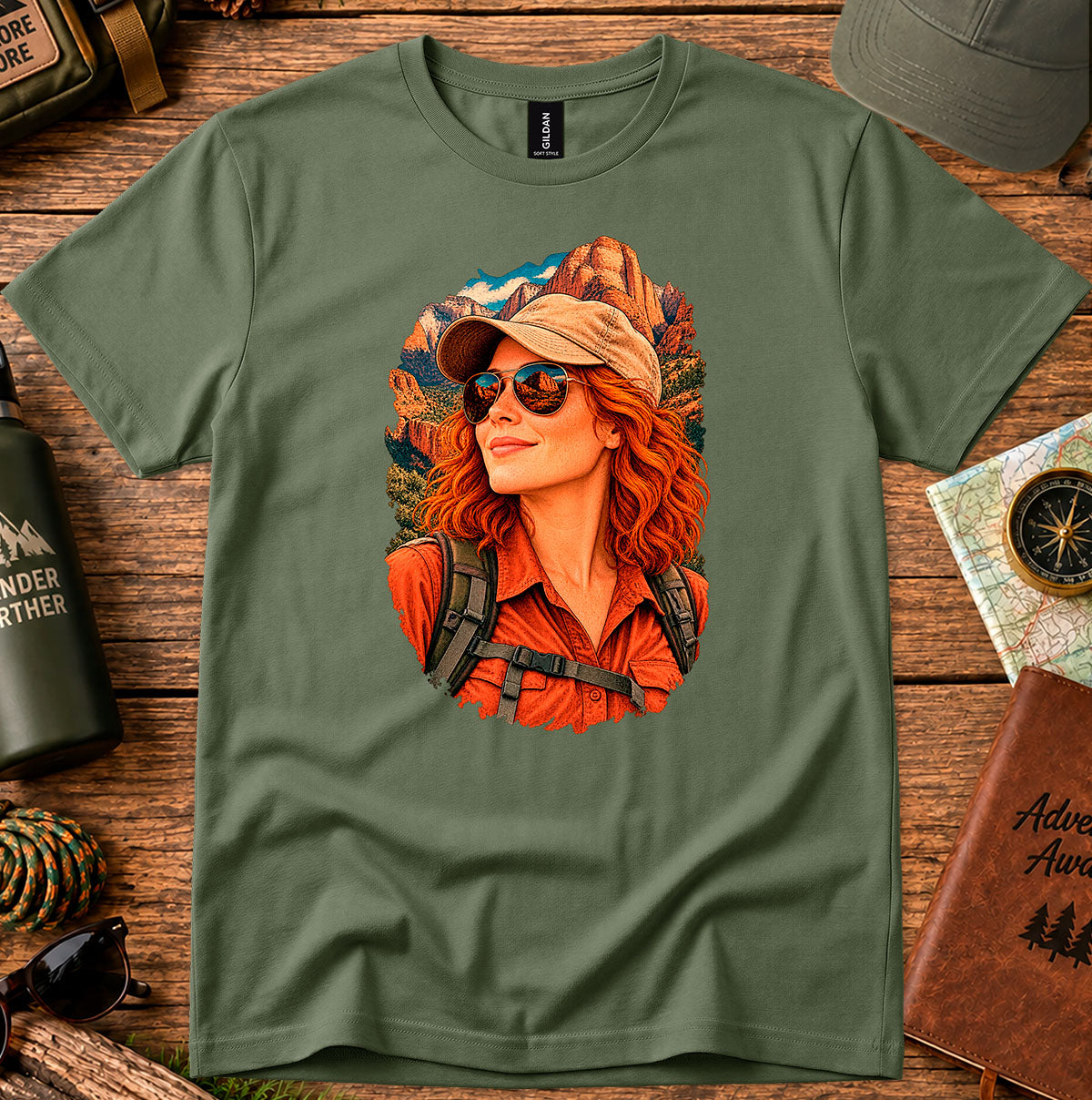 Olive green T-shirt featuring a retro portrait of a woman wearing a cap, sunglasses and a red shirt