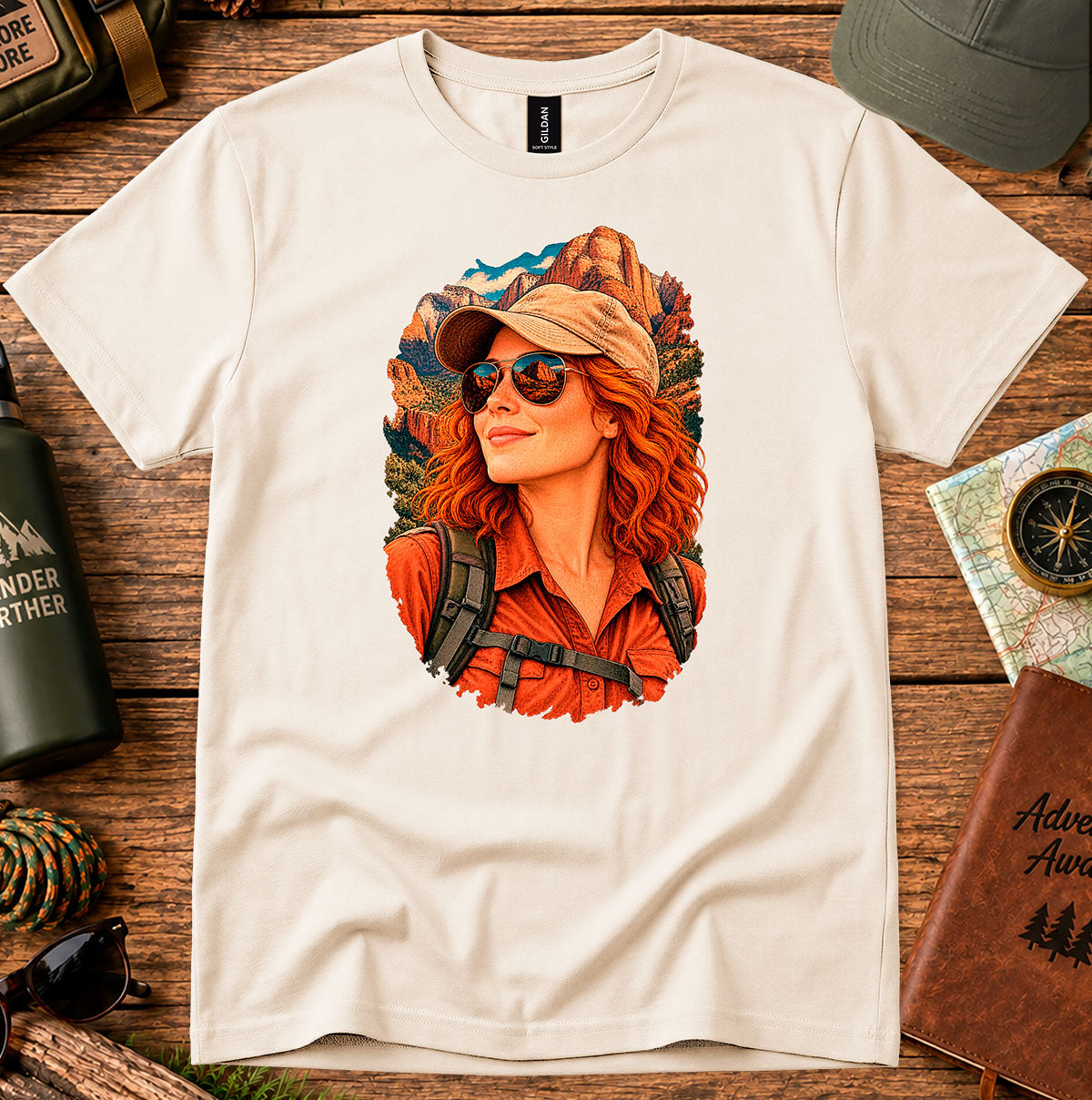 Cream T-shirt featuring a retro portrait of a woman wearing a cap, sunglasses and a red shirt