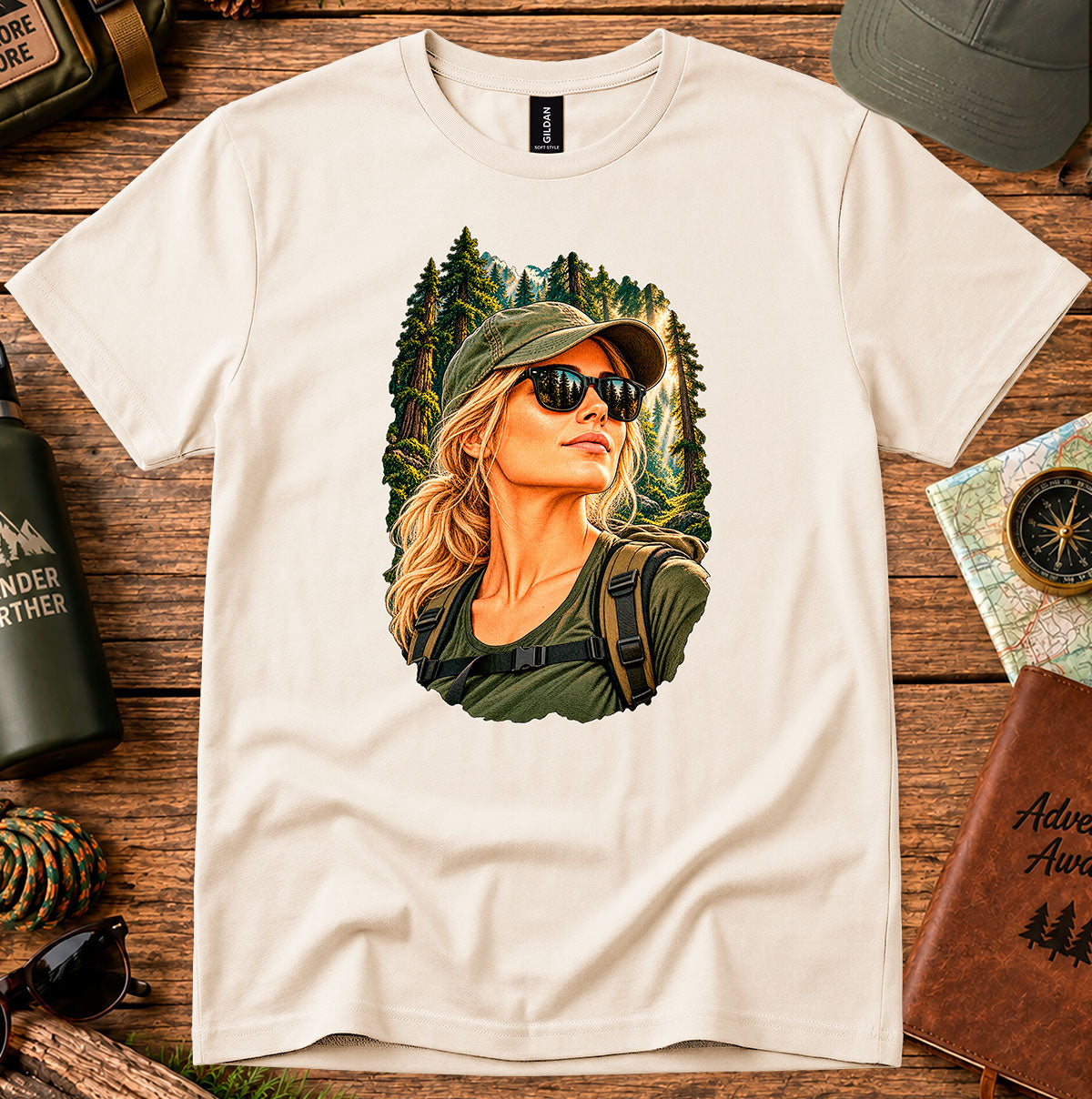 Cream T-shirt featuring a woman wearing a cap and sunglasses in front of evergreen trees