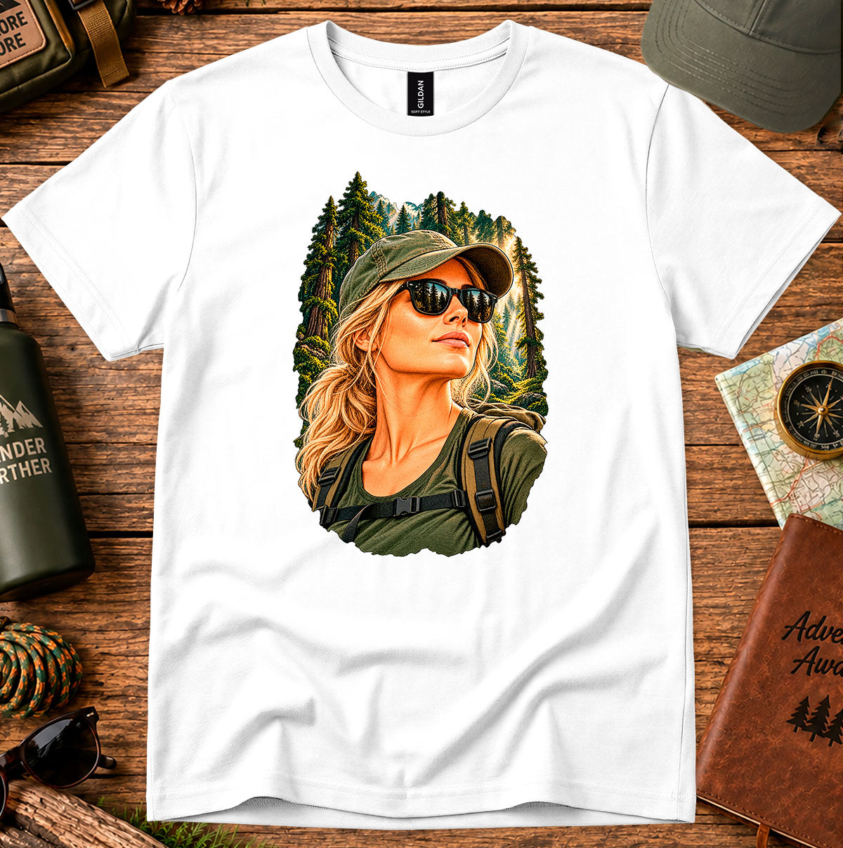 White T-shirt featuring a woman wearing a cap and sunglasses in front of evergreen trees