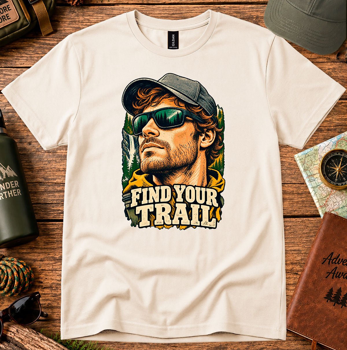 Find Your Trail T-shirt showing a bearded explorer in sunglasses with vintage-style lettering