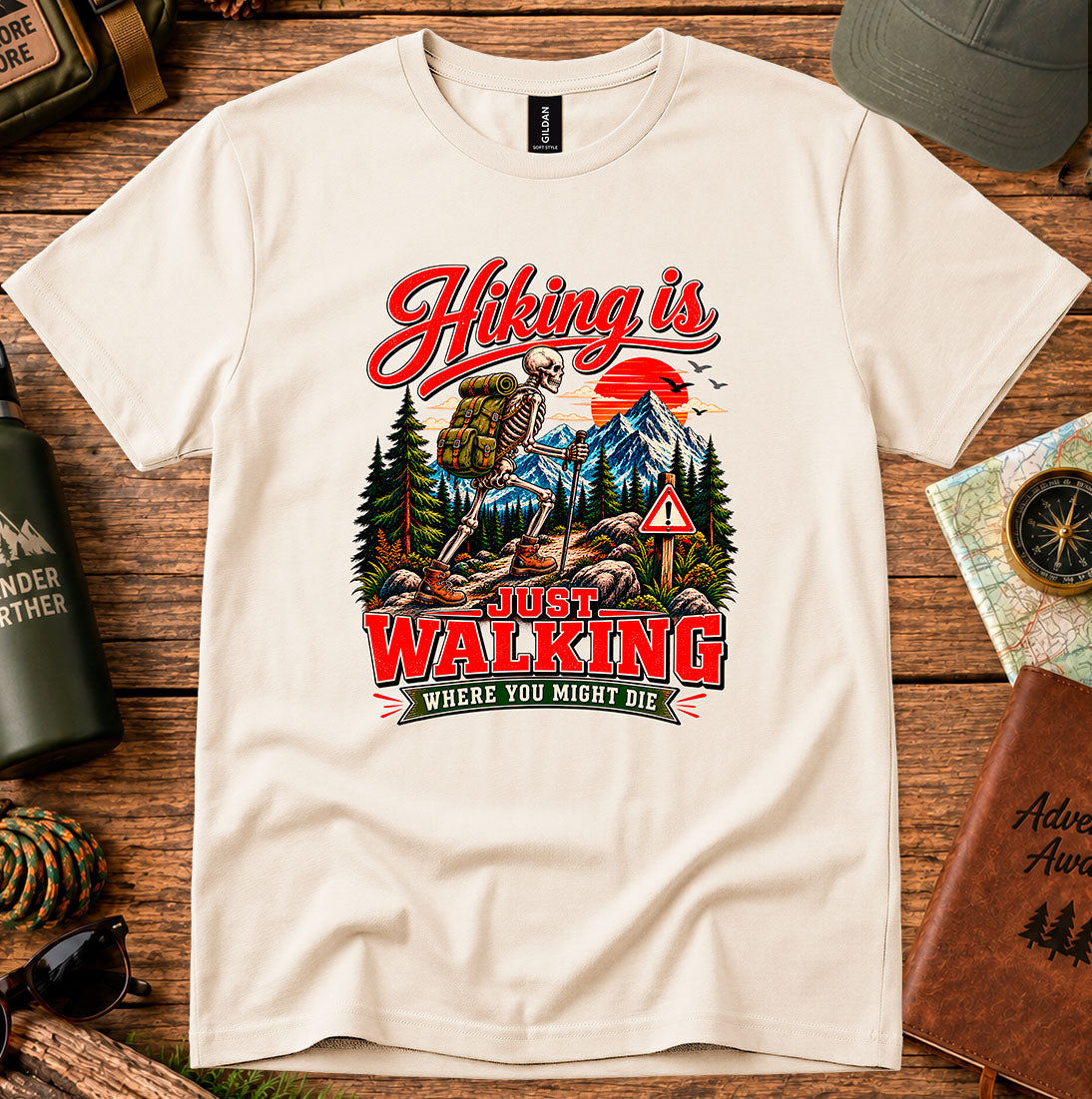 T-shirt featuring a retro mountain campsite and hiker graphic