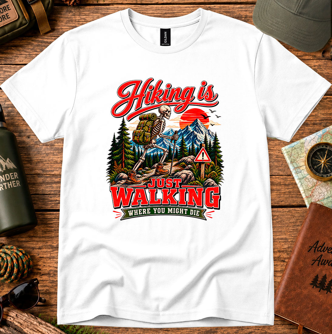 T-shirt featuring a retro mountain campsite and hiker graphic
