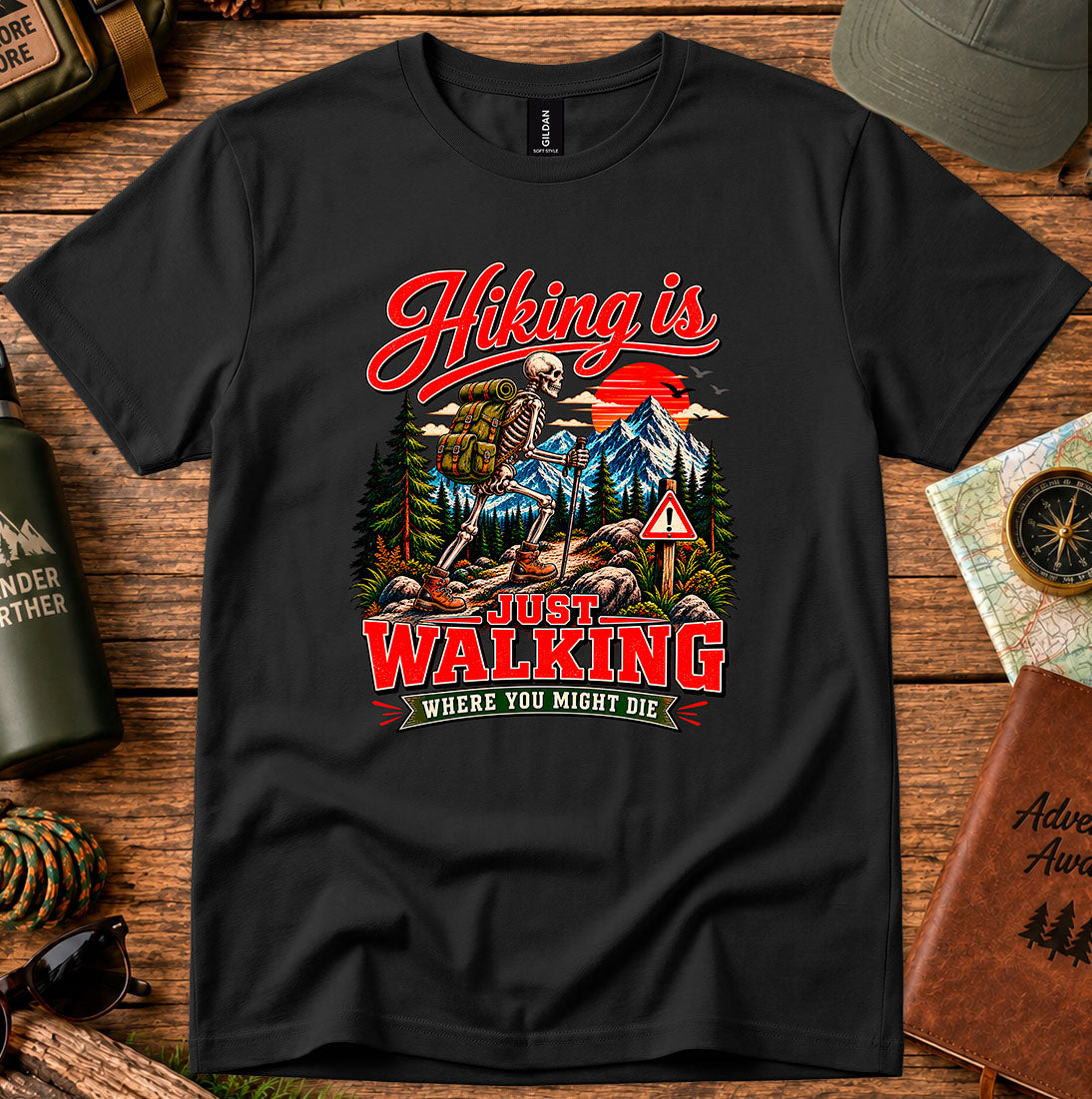 T-shirt featuring a retro mountain campsite and hiker graphic