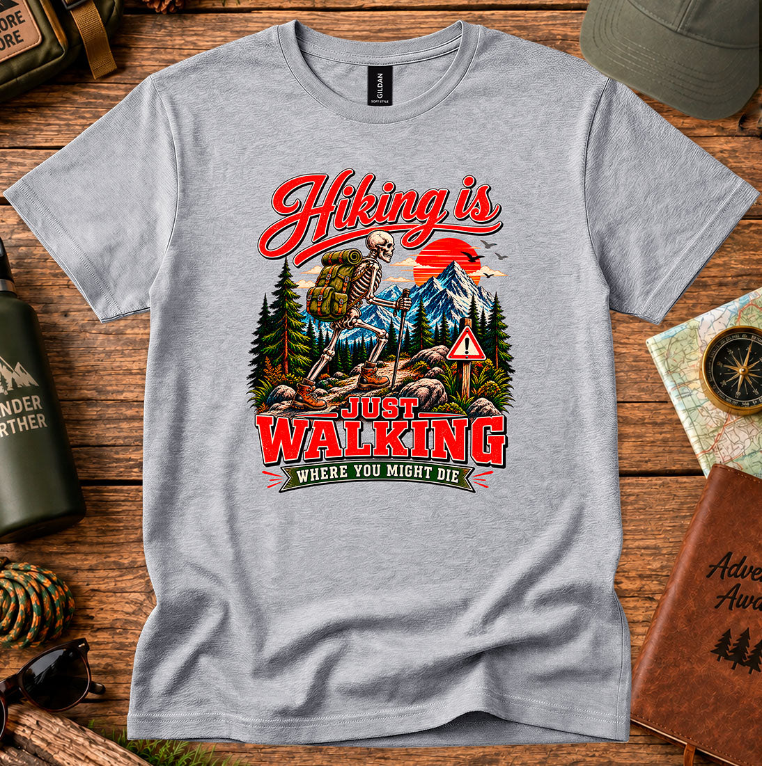 T-shirt featuring a retro mountain campsite and hiker graphic