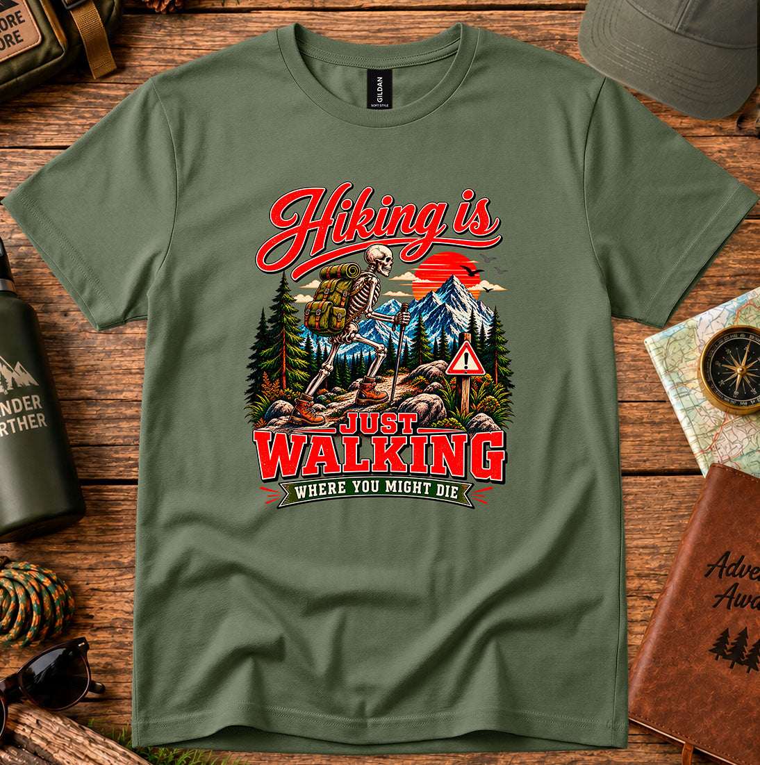 T-shirt featuring a retro mountain campsite and hiker graphic