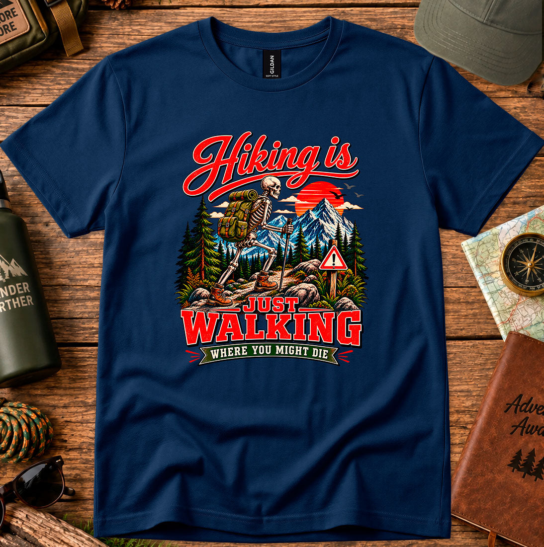 T-shirt featuring a retro mountain campsite and hiker graphic