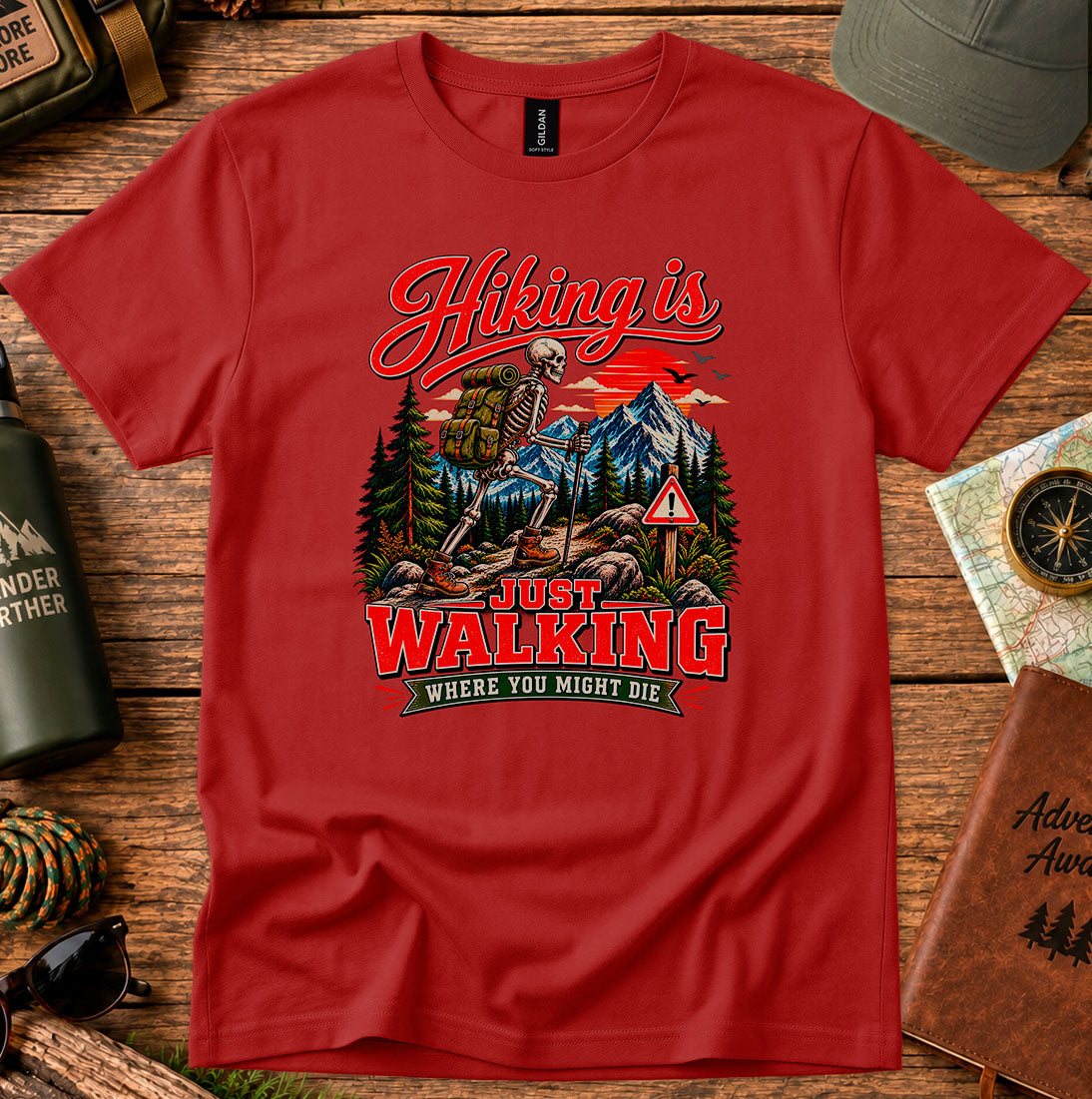 T-shirt featuring a retro mountain campsite and hiker graphic