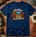 I'm Fine hiking T-shirt with a bear and bigfoot carrying a skeleton on a stretcher among mountains and pine trees