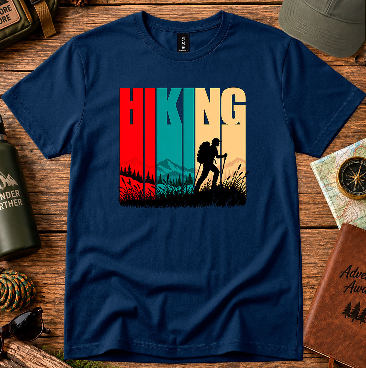 Navy T-shirt with bold HIKING lettering, retro color panels and a backpacker silhouette