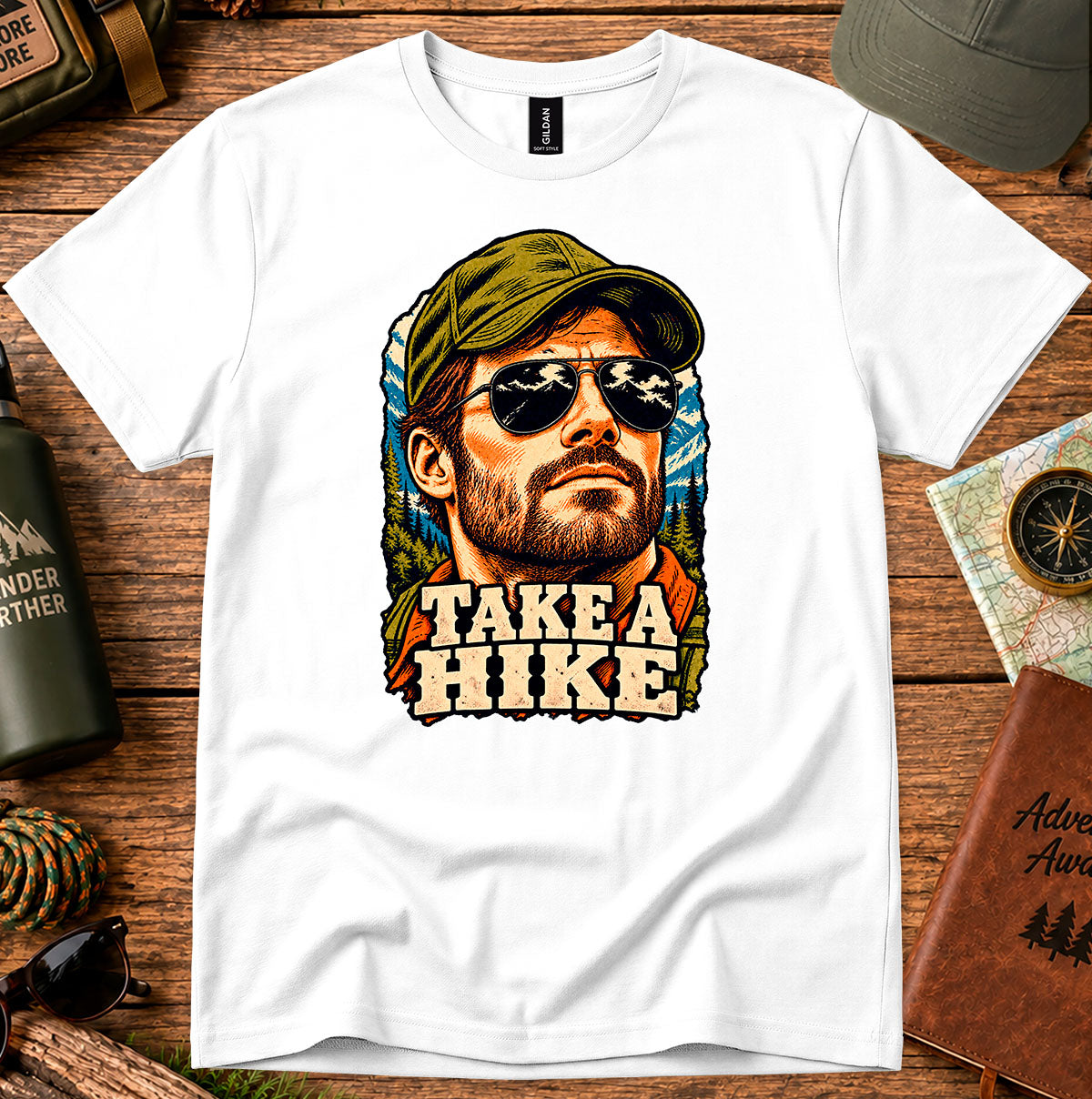 Take a Hike T-shirt featuring a bearded hiker wearing a cap and sunglasses