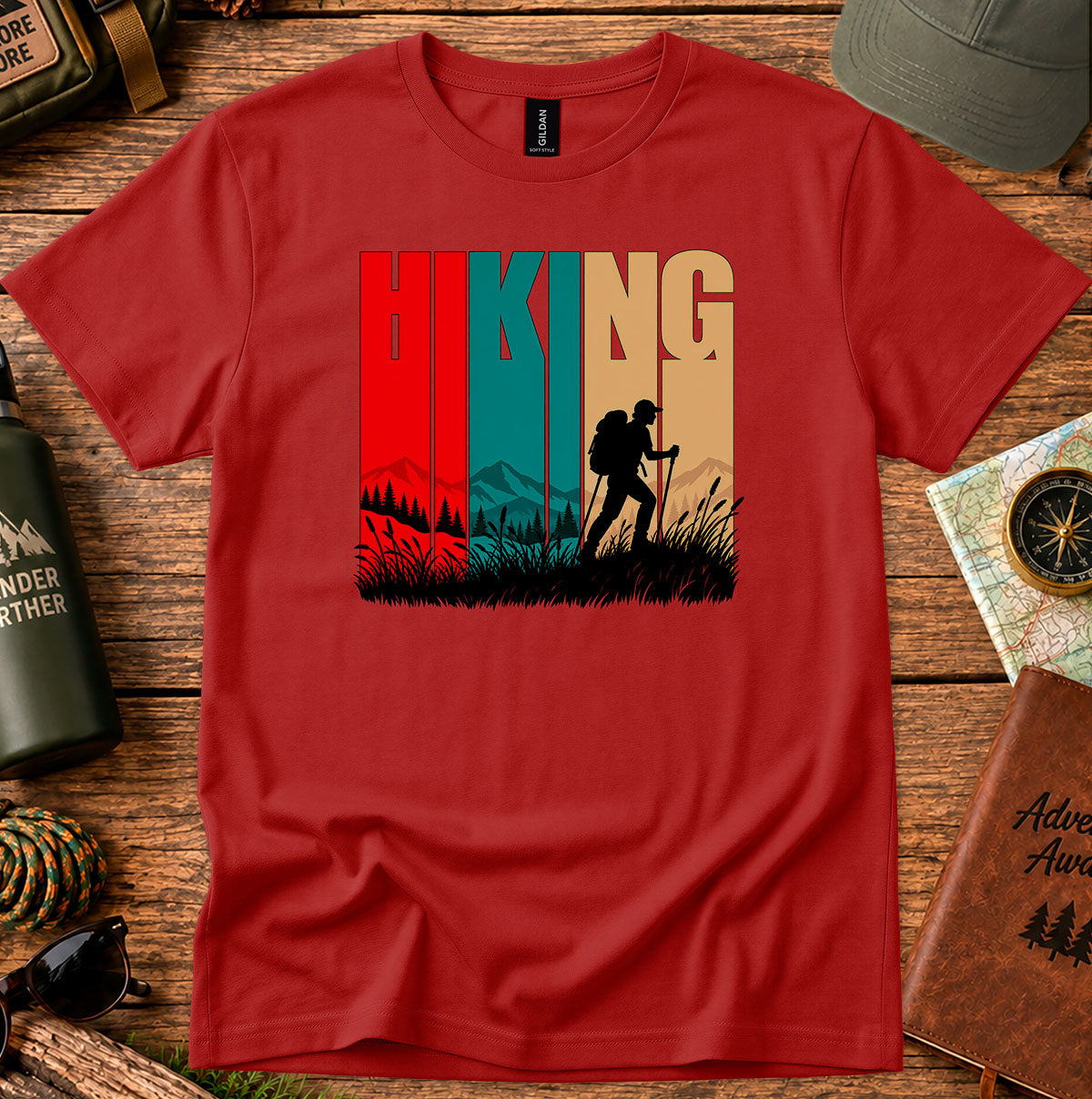 Retro Hiking Sunset graphic T-shirt featuring bold HIKING lettering, retro panels and a backpacker silhouette