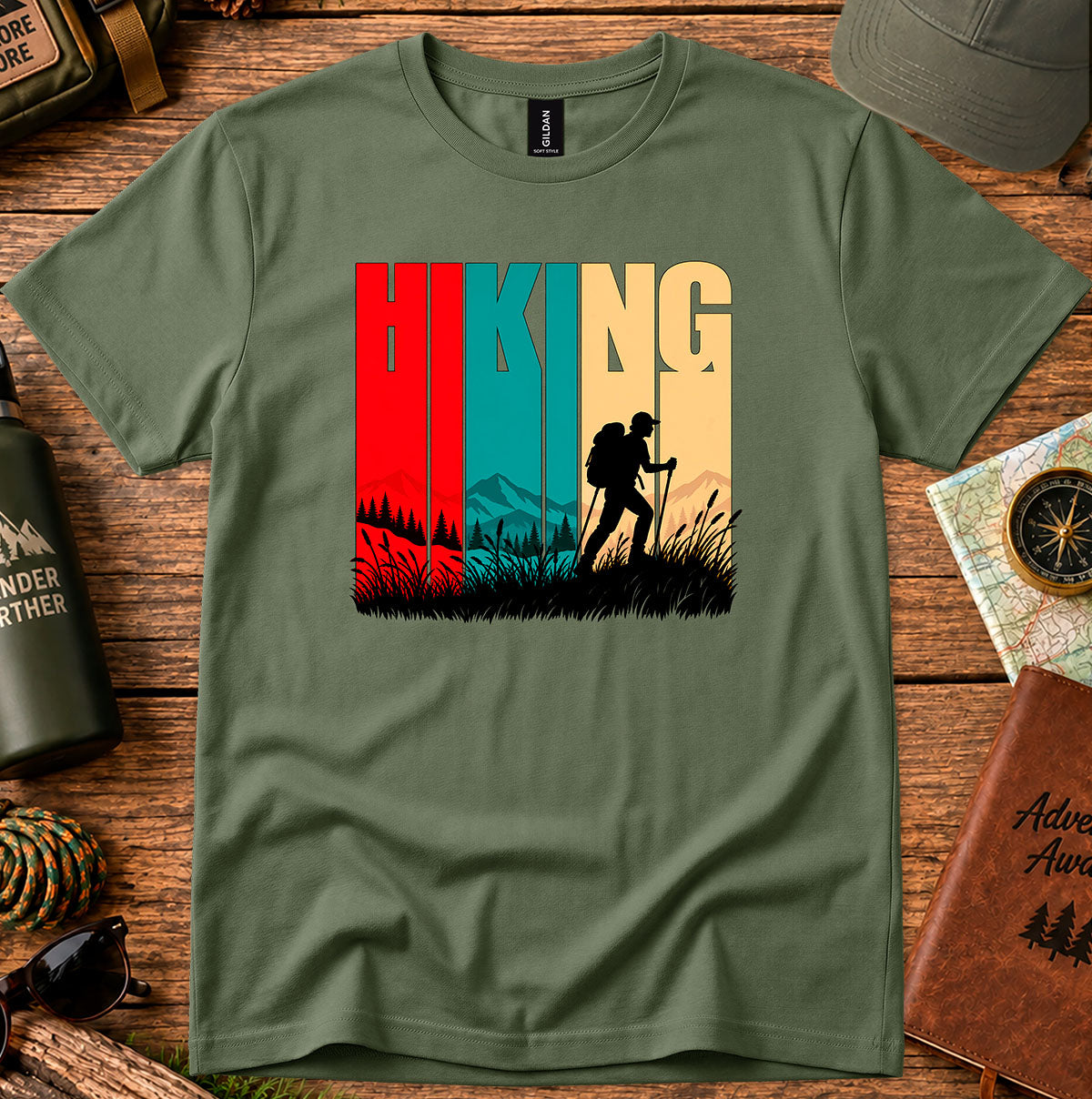 Retro Hiking Sunset graphic T-shirt featuring bold HIKING lettering, retro panels and a backpacker silhouette