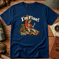 I'm Fine graphic T-shirt with a skeleton hiker giving a thumbs-up beside a tree, backpack and trekking poles