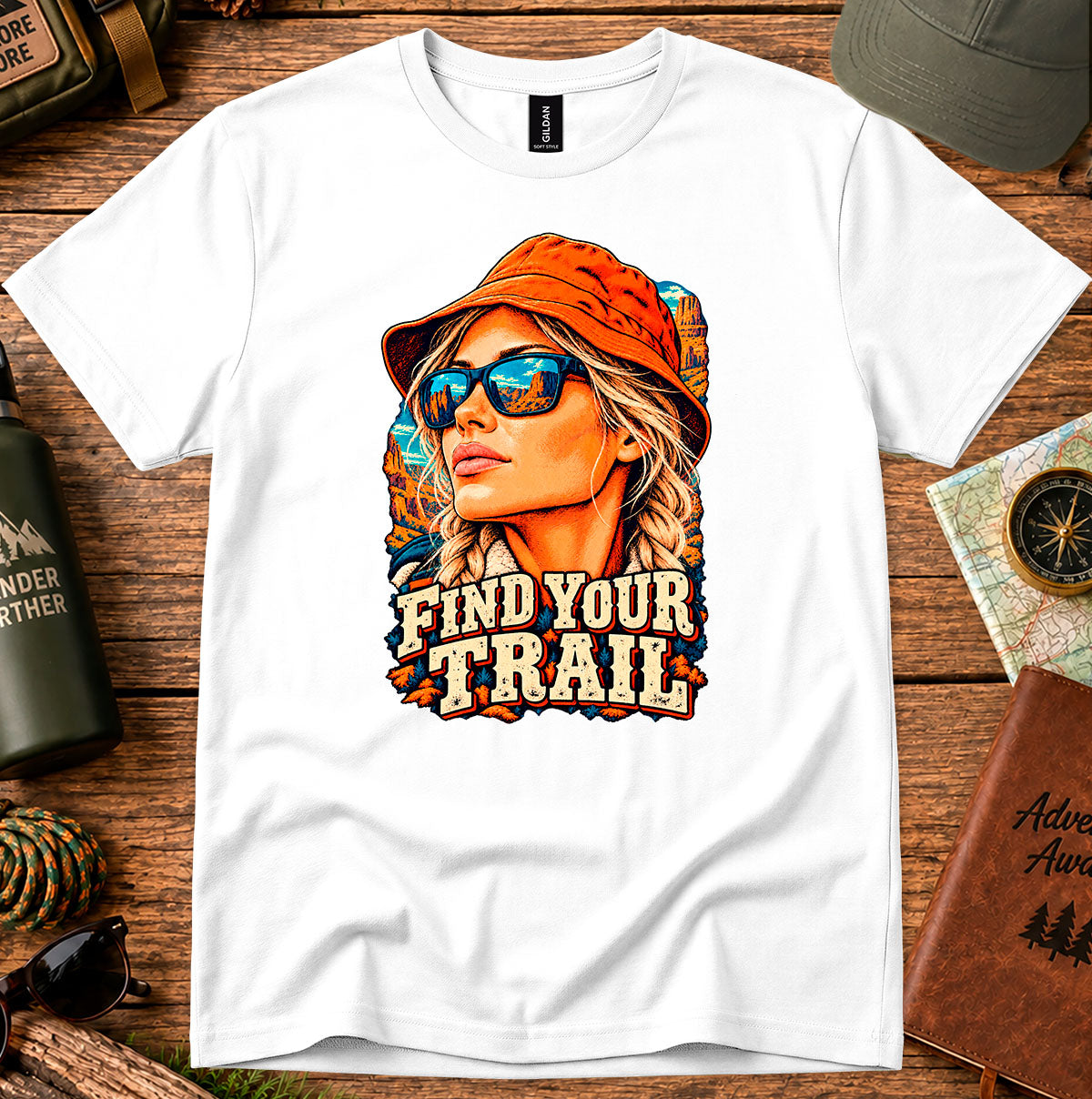 Find Your Trail T-shirt with a vintage woman adventurer wearing a hat and mirrored sunglasses