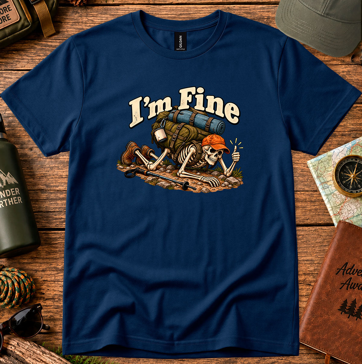 Navy T-shirt featuring a beetle carrying a heavy load beneath I'm Fine lettering